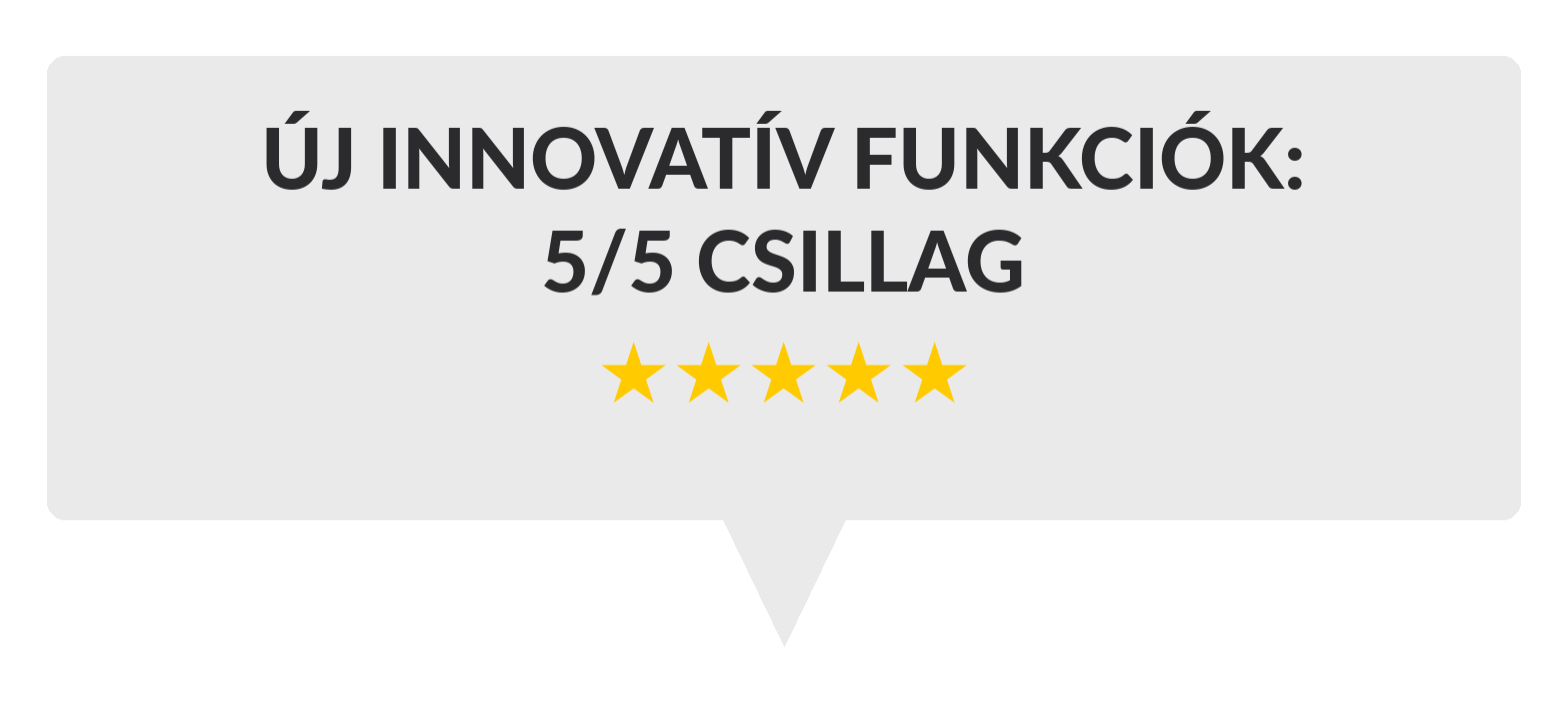 Svijetlo sivi grafički prikaz u stilu govornog mjehurića s mađarskim tekstom 'ÜJ INNOVATÍV FUNKCIÓK: 5/5 CSILLAG' i pet žutih zvjezdica ispod.
