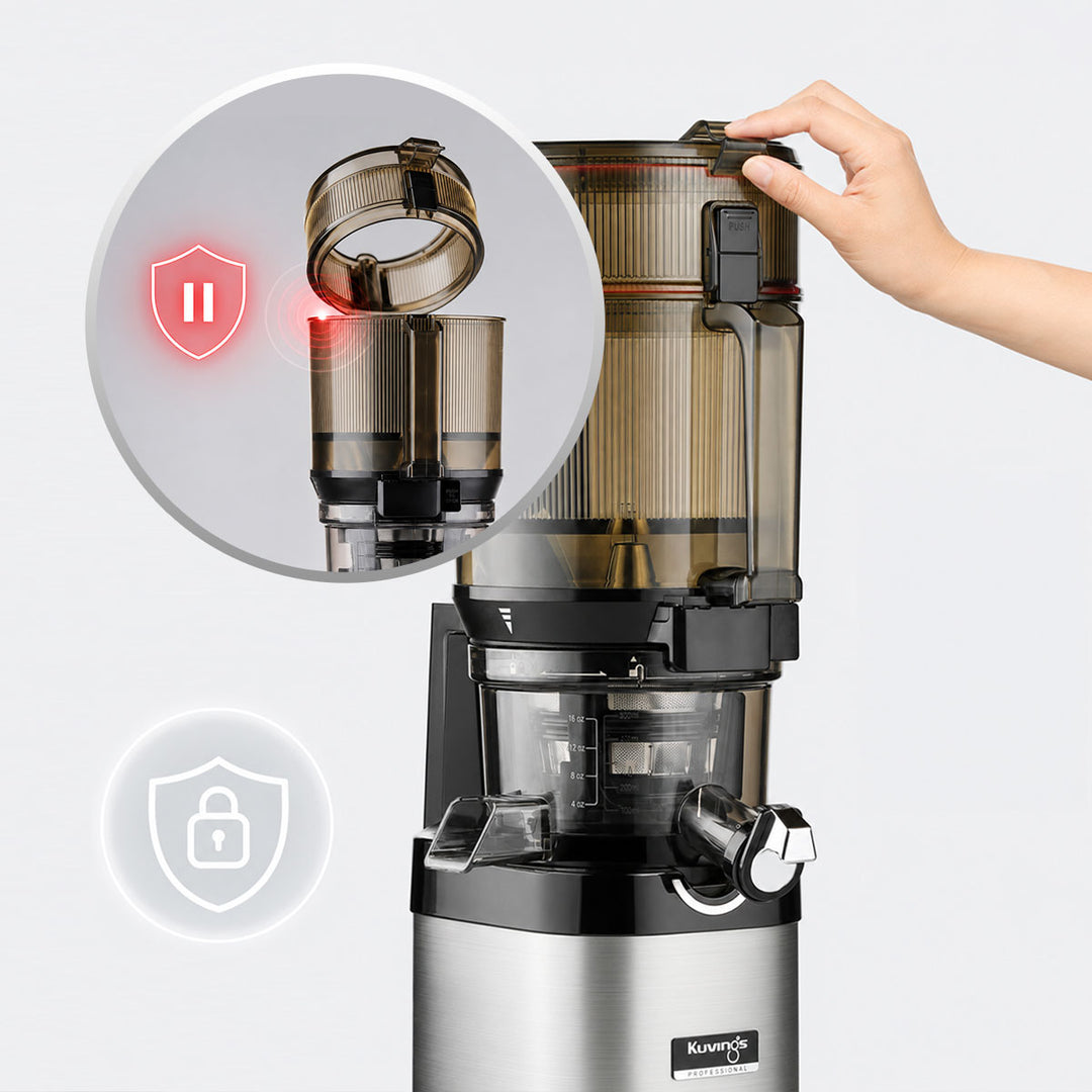 A cs800 slow juicer appliance with a translucent smoky-brown chamber, black and silver base, and a visible human hand touching the top. An inset circle shows a close-up of the top assembly with a red pause icon, and a lock icon appears near the bottom on a light gray background.