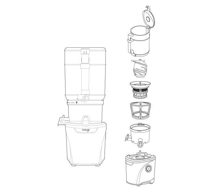 Black and white line art schematic showing a water filter pitcher system with its disassembled components arranged vertically on the right side.