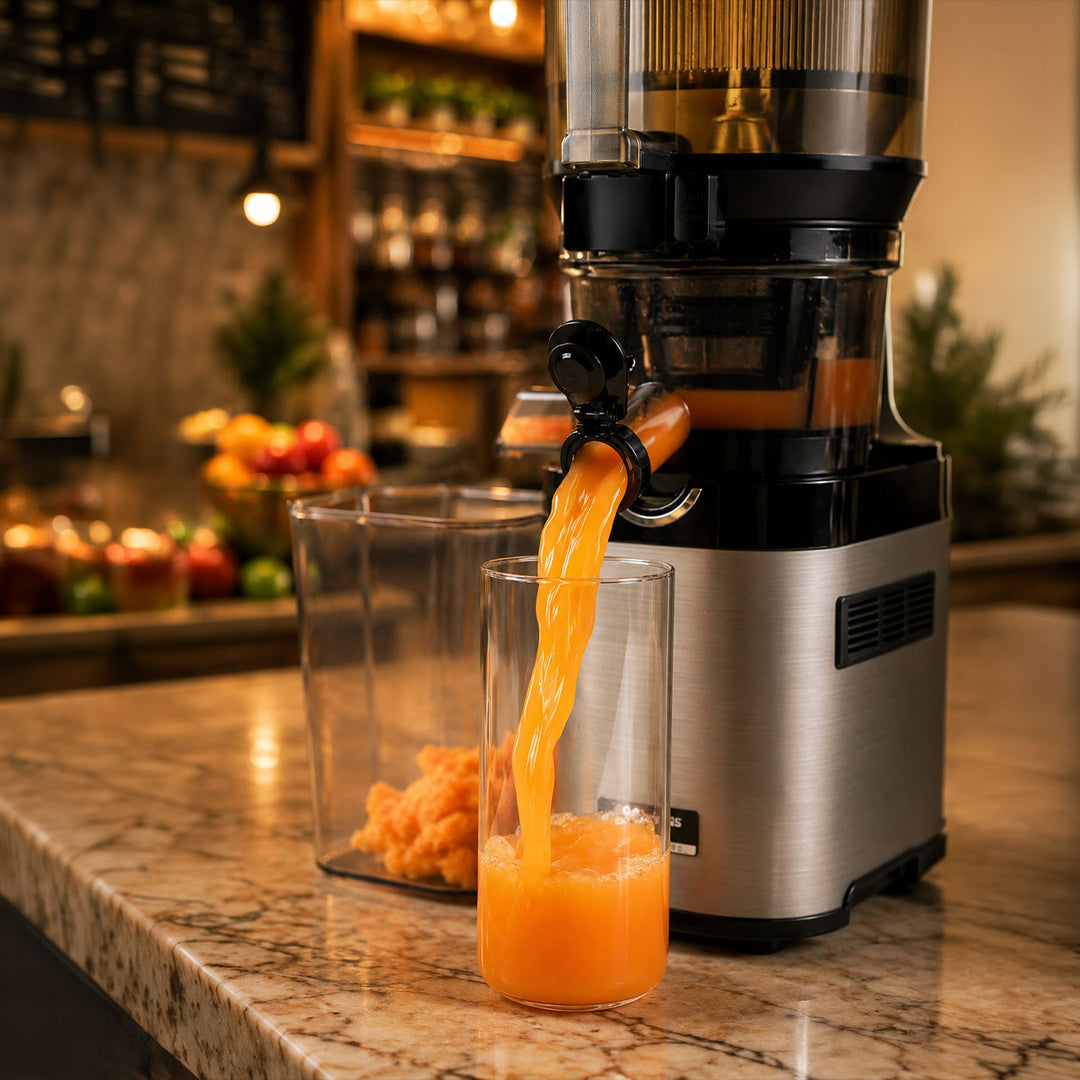 A countertop juicer machine in a warm kitchen setting, with orange juice flowing from the spout into a clear glass and a clear container behind it.