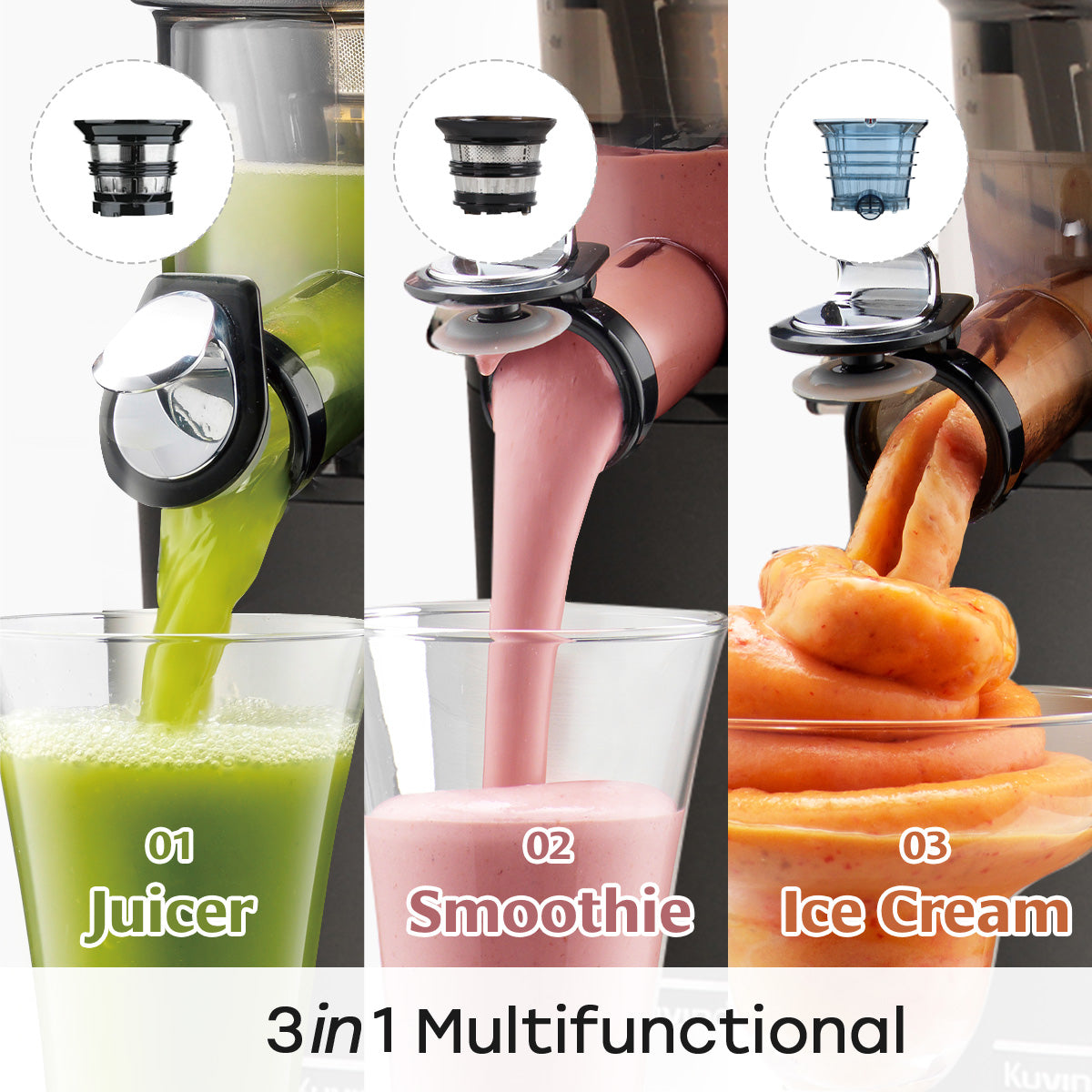Višenamjenski kuhinjski uređaj s nastavcima za sokovnik, smoothie i sladoled.