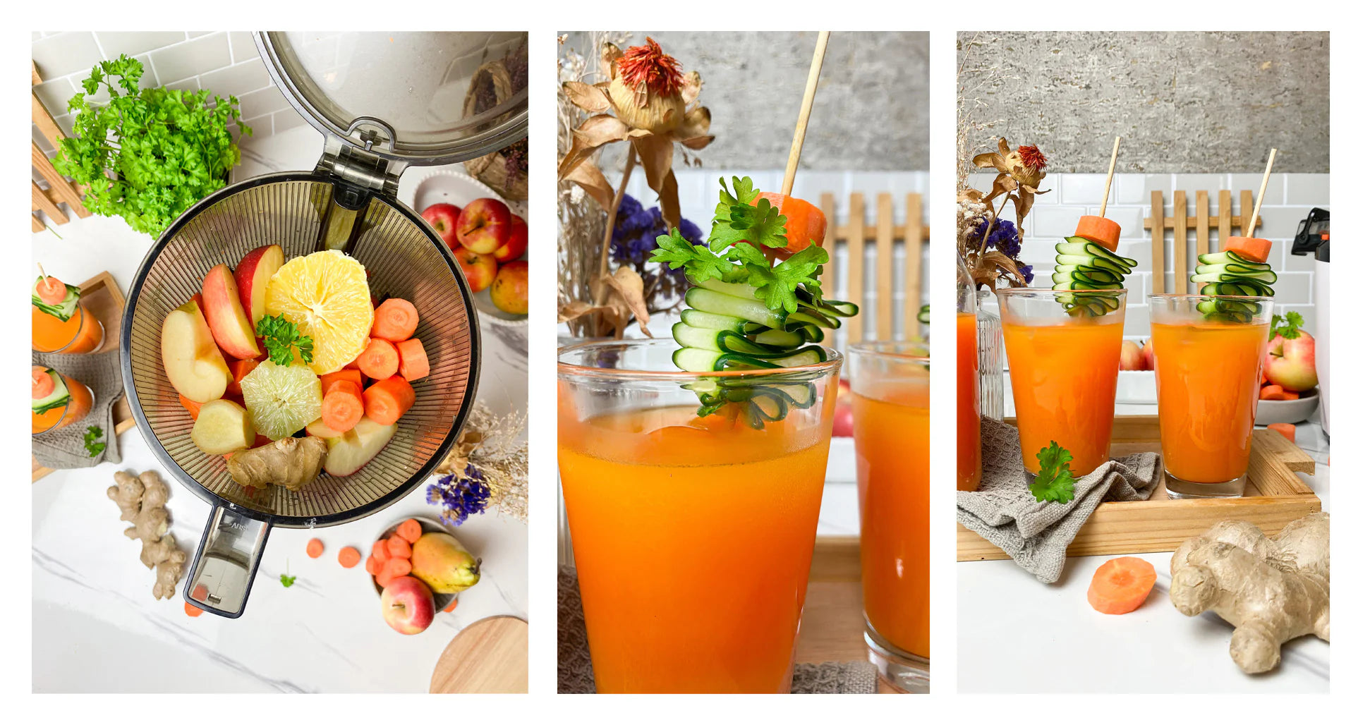 Kuvings AUTO10S slow juicer carrot, apple and ginger juice collage with fresh ingredients and orange juice glasses.